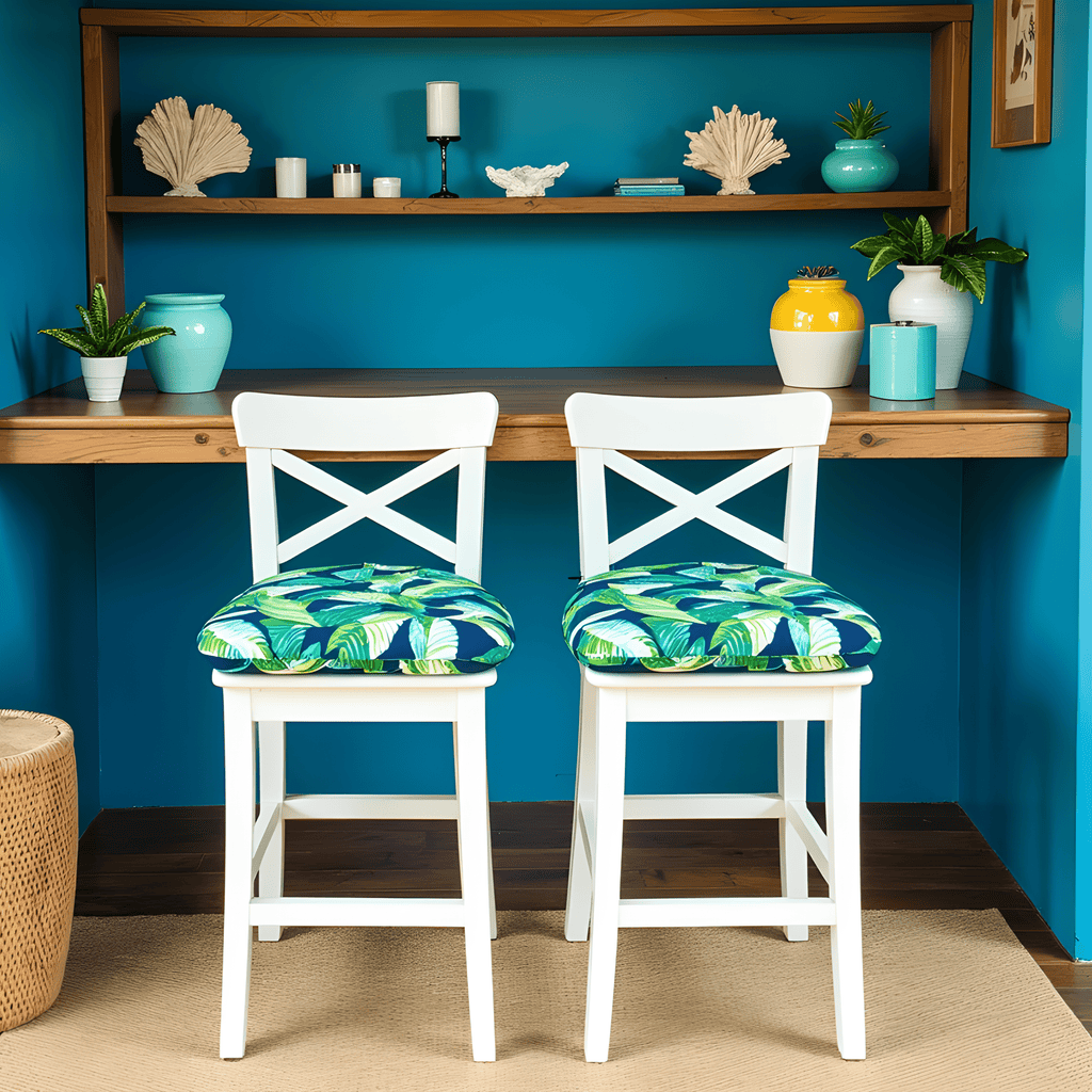 Set of 2, Blue Palms U-Shape Outdoor Chair Pad, Removable Covers