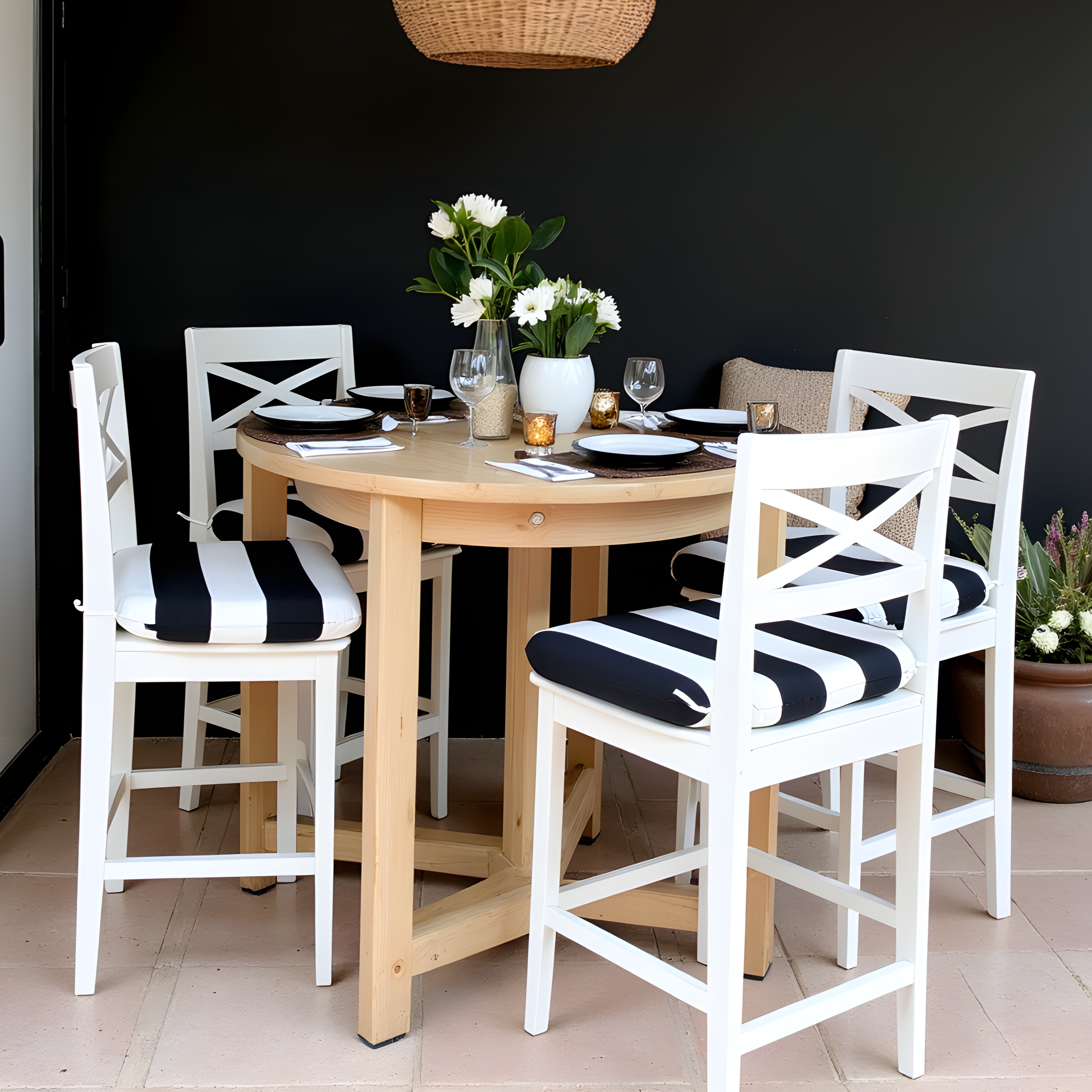 Set of 2, Black Stripe U-Shape Outdoor Chair Pad, Removable Covers