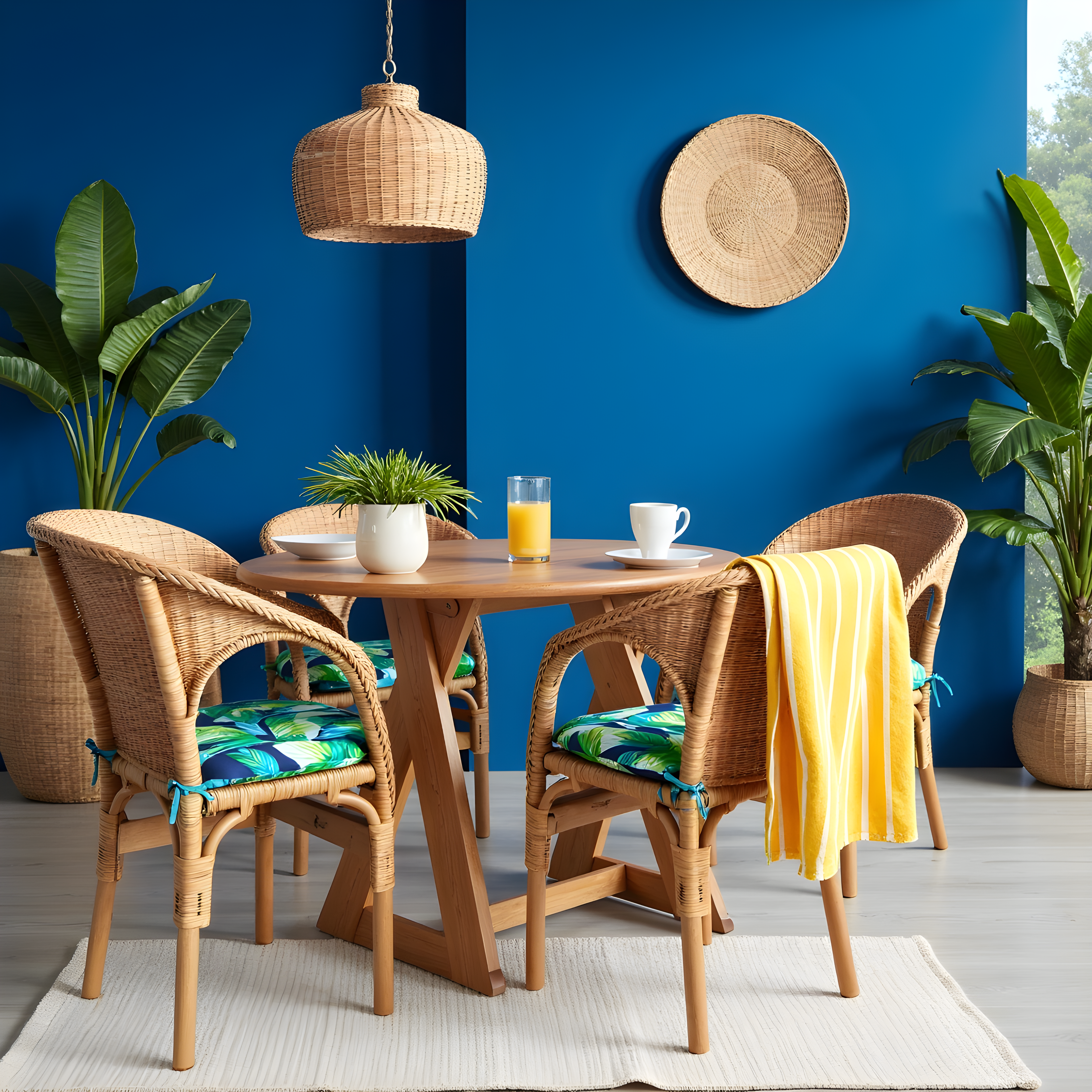 Set of 2, Blue Palms U-Shape Outdoor Chair Pad, Removable Covers