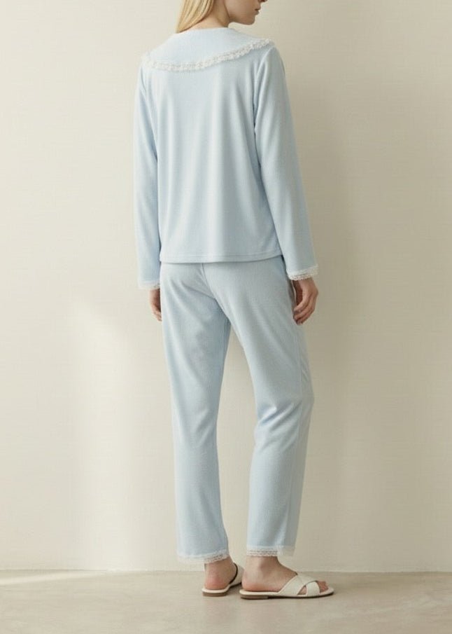 Rosy Velvet Coquette Lace Pajama Set / Blue