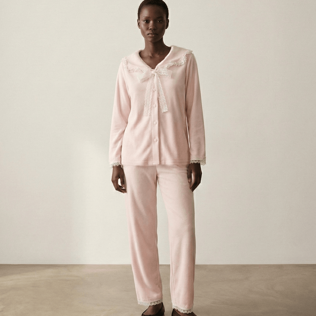 Rosy Velvet Coquette Lace Pajama Set / Pink