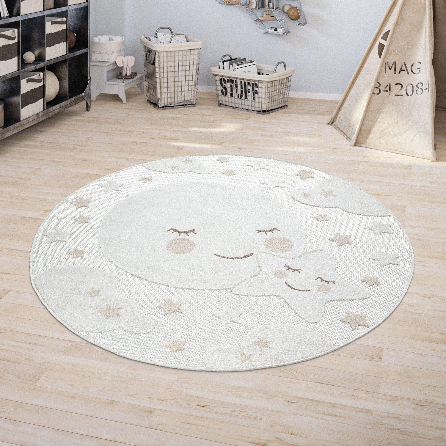 Round Kids Rug Tweet Cuddling Moon & Stars - Cream Beige