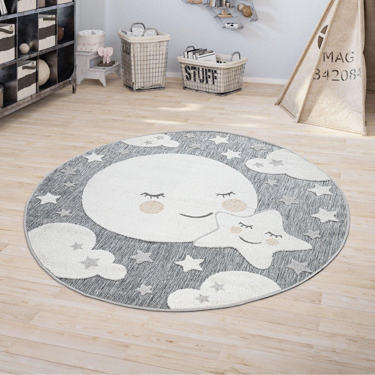 Round Kids Rug Tweet Cuddling Moon & Stars in the Night Sky in Mottled Grey
