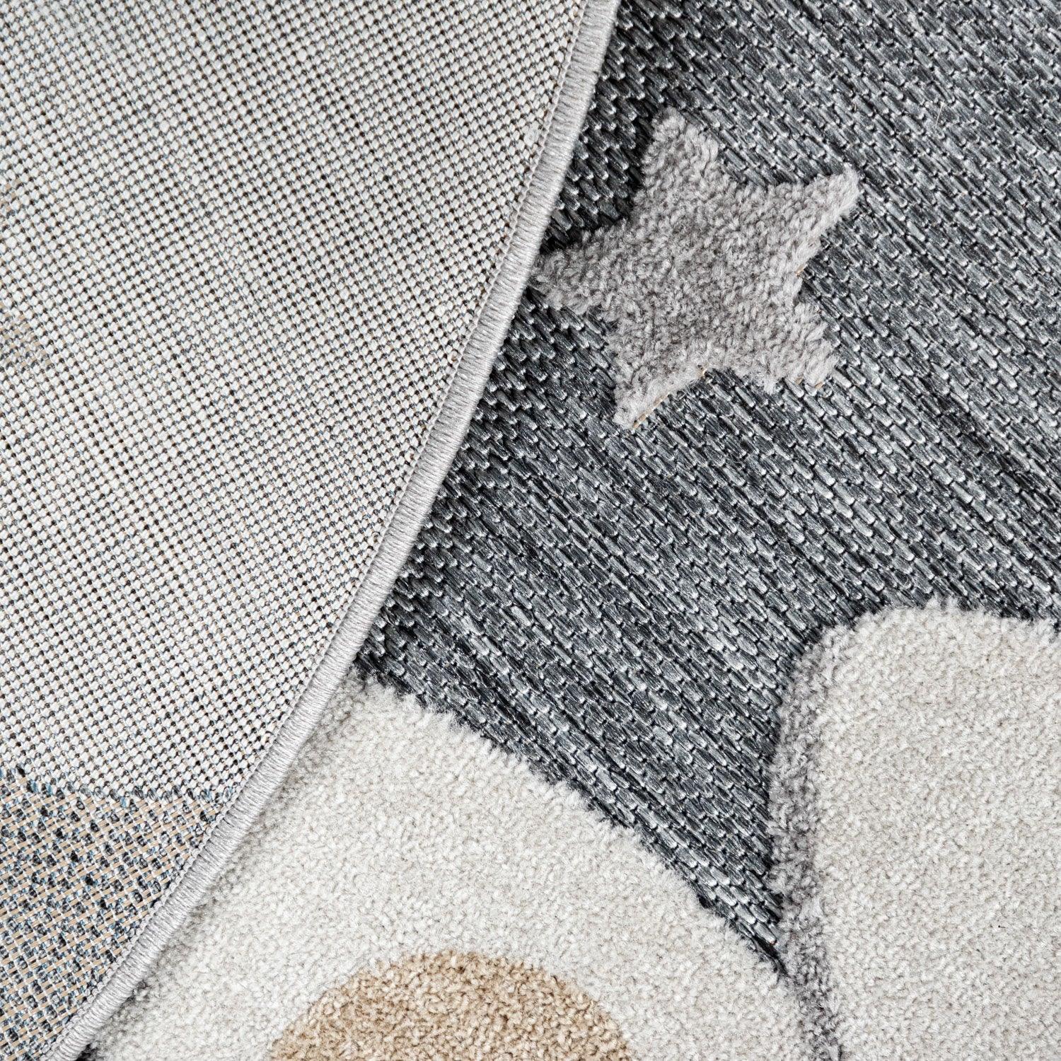 Round Kids Rug Tweet Cuddling Moon & Stars in the Night Sky in Mottled Grey