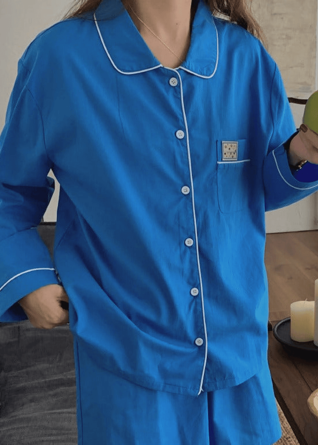 Royal Blue Long Sleeves and Shorts Pajama Set