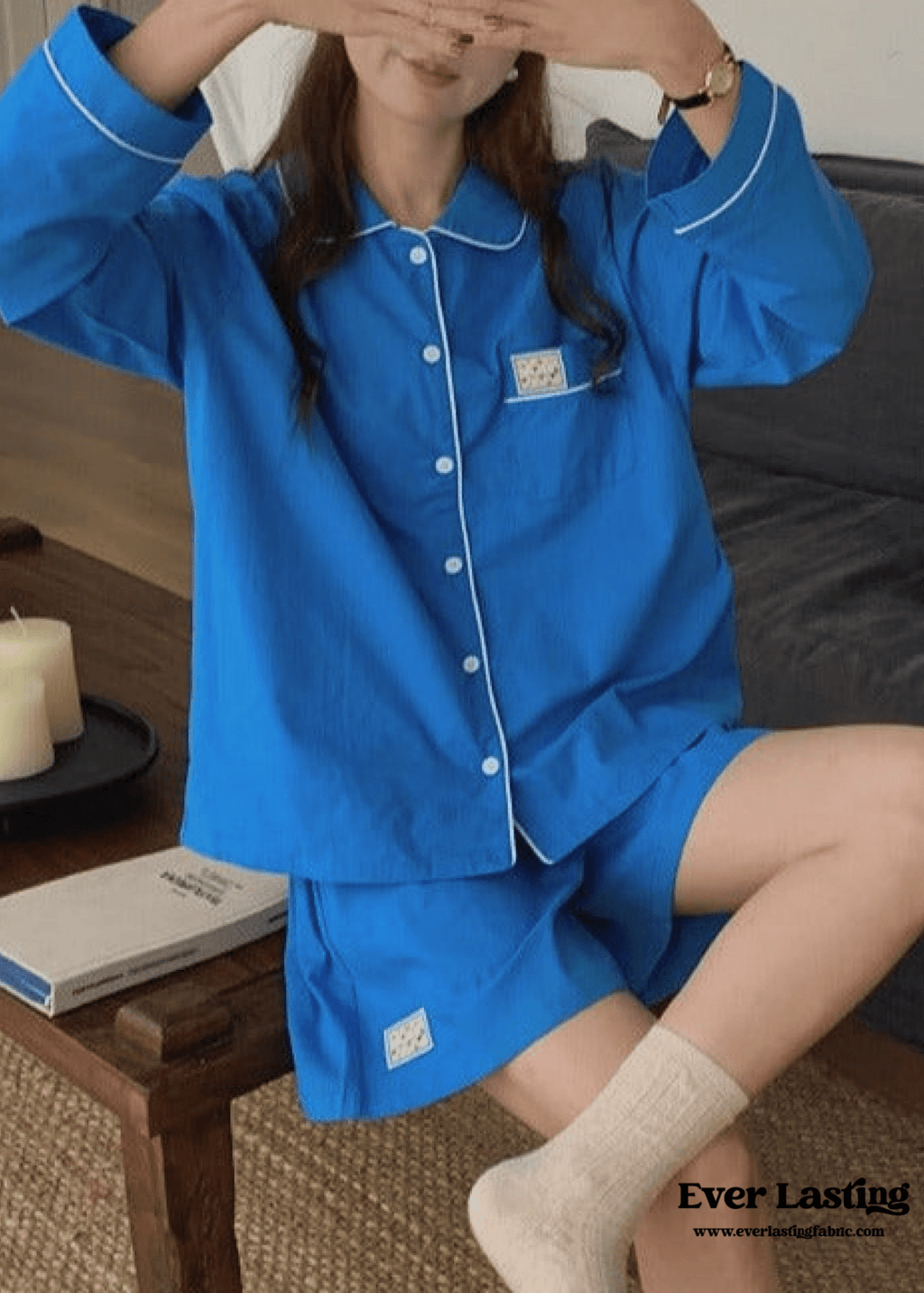 Royal Blue Long Sleeves and Shorts Pajama Set