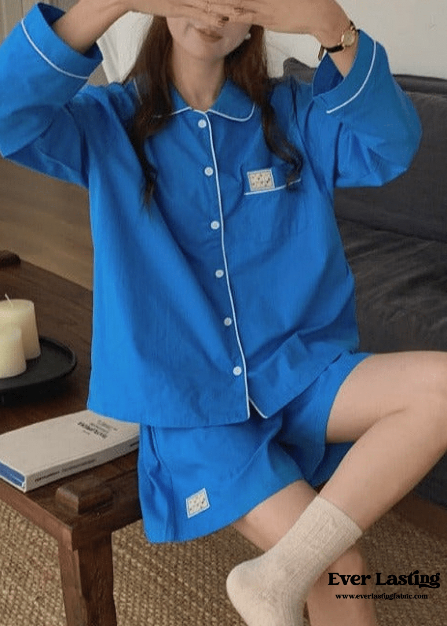 Royal Blue Long Sleeves and Shorts Pajama Set