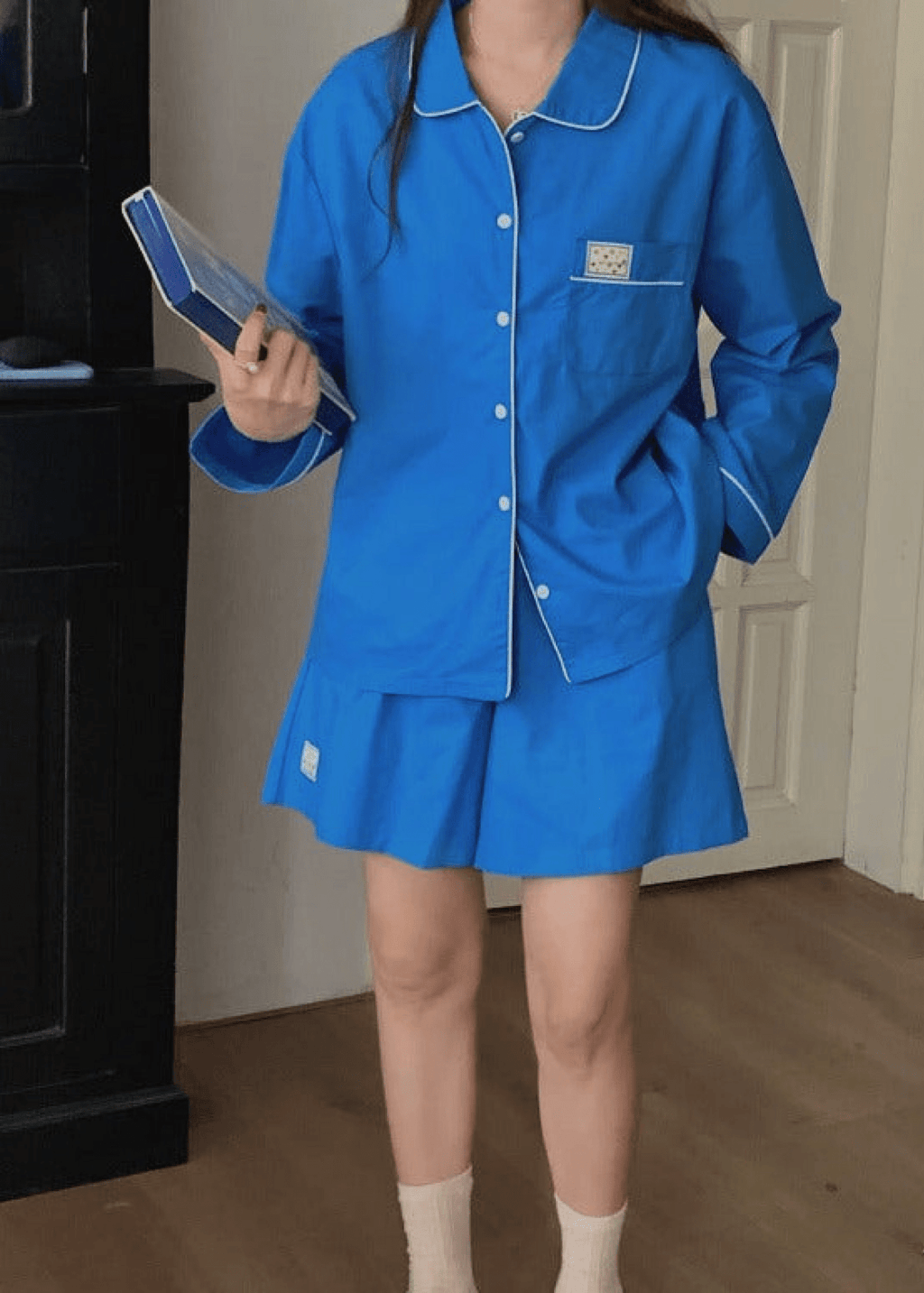 Royal Blue Long Sleeves and Shorts Pajama Set