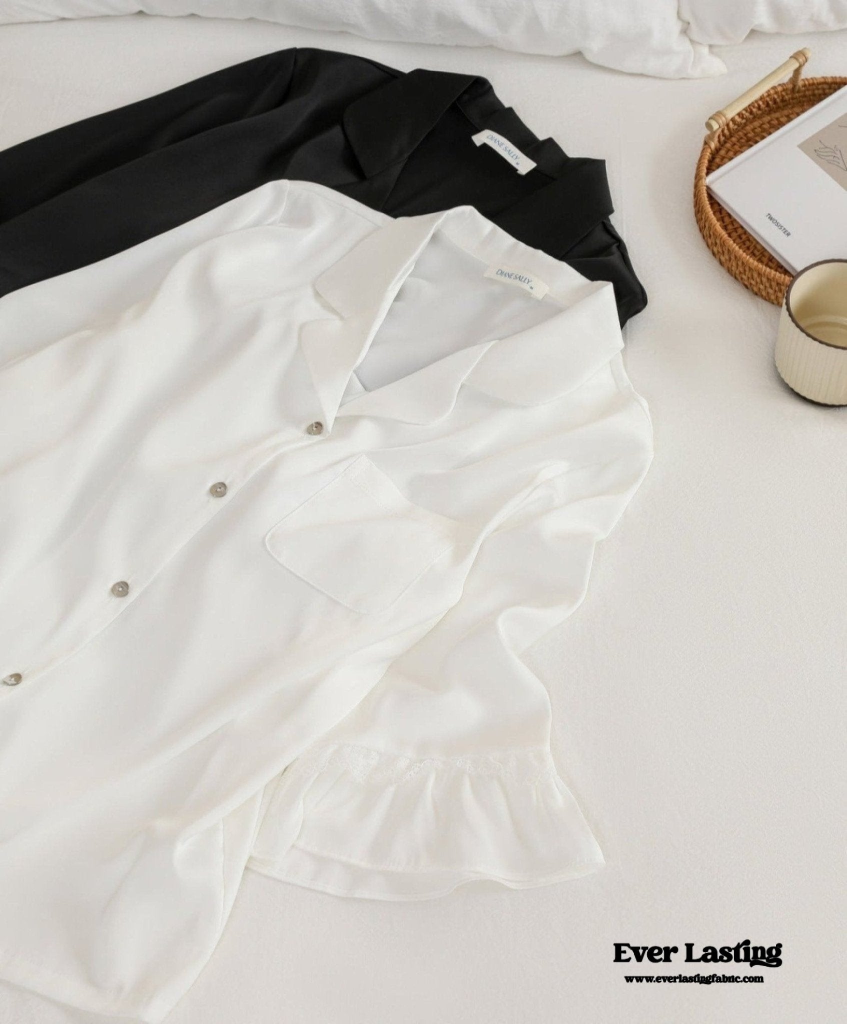 Silky Lace Ruffle Long Sleeves and Pants Pajama Set / White