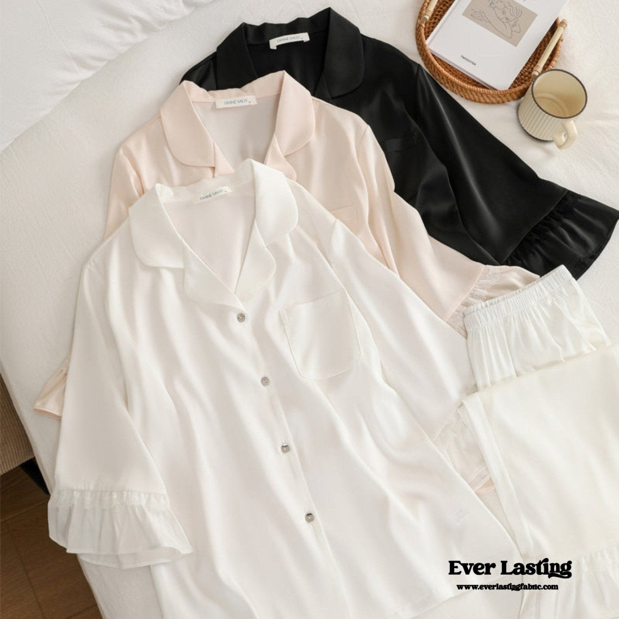 Silky Lace Ruffle Long Sleeves and Pants Pajama Set / White