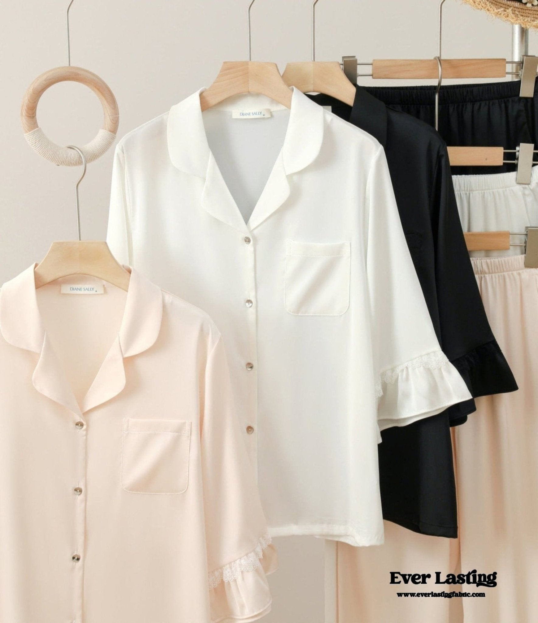 Silky Lace Ruffle Long Sleeves and Pants Pajama Set / White