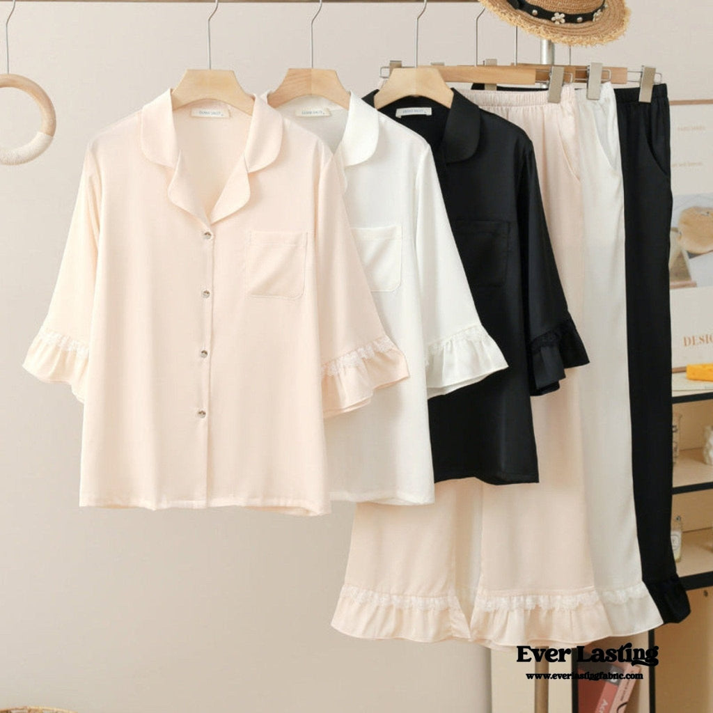 Silky Lace Ruffle Long Sleeves and Pants Pajama Set / White