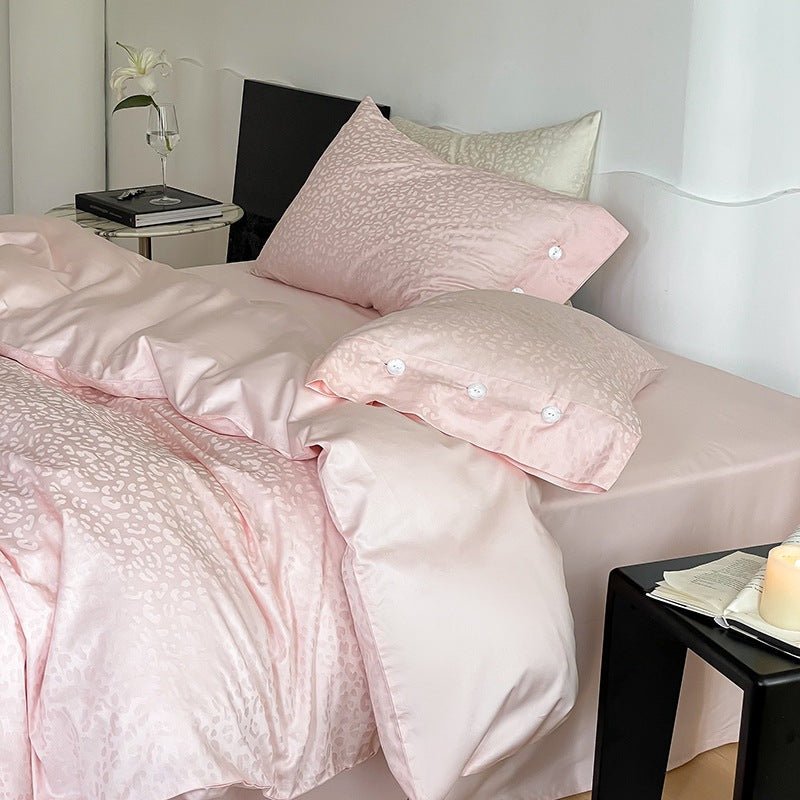 Silky Leopard Buttoned Bedding Set / Baby Pink