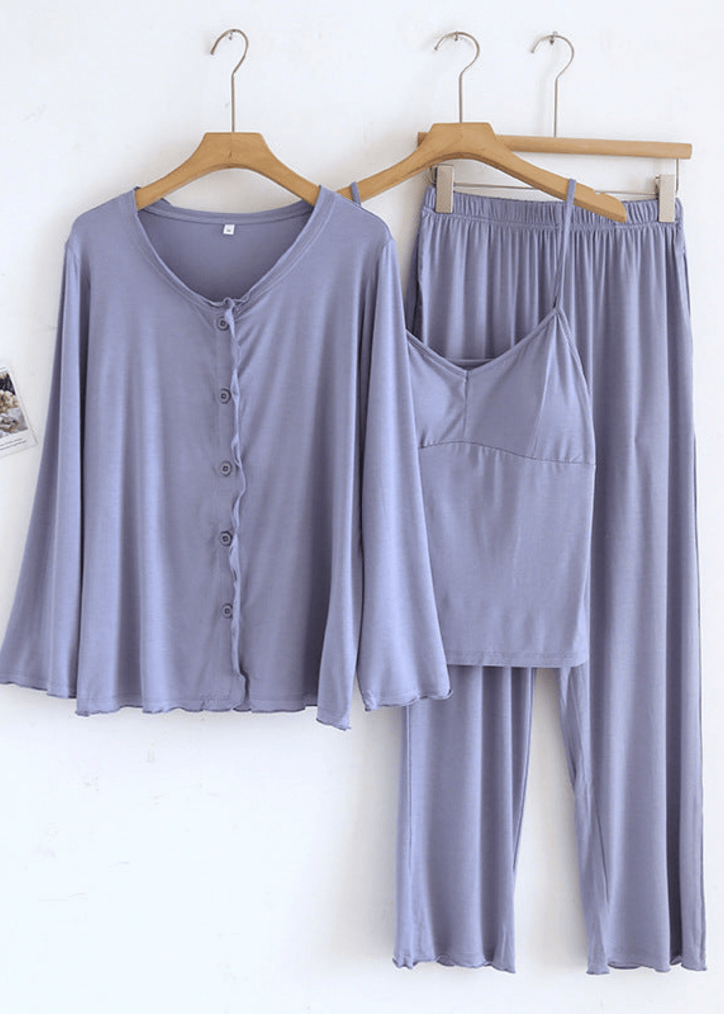 Solid Ruffle V Tank and Long Pants with Cardigan Modal Pajama Set