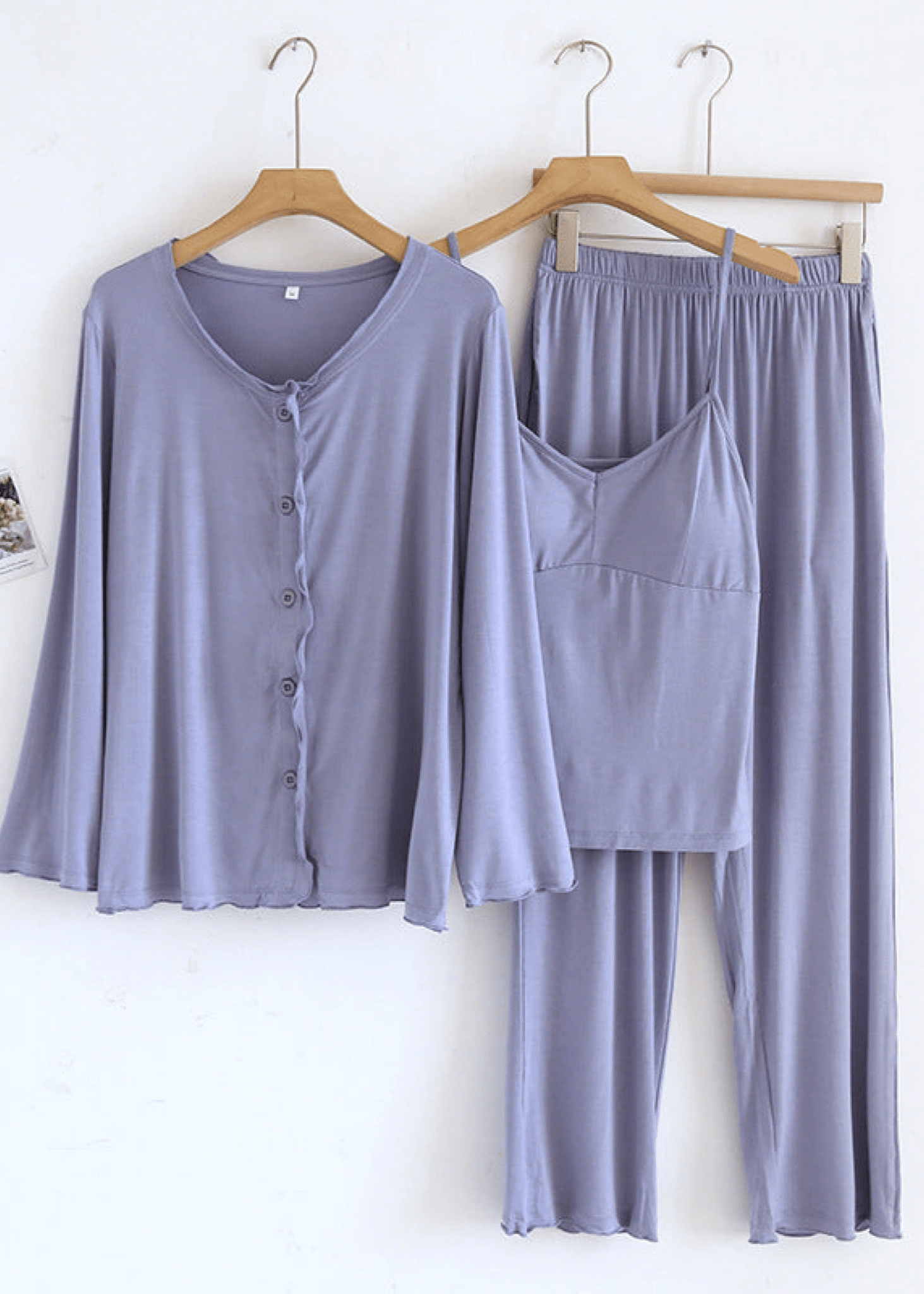 Solid Ruffle V Tank and Long Pants with Cardigan Modal Pajama Set