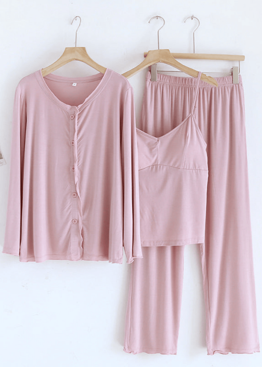 Solid Ruffle V Tank and Long Pants with Cardigan Modal Pajama Set