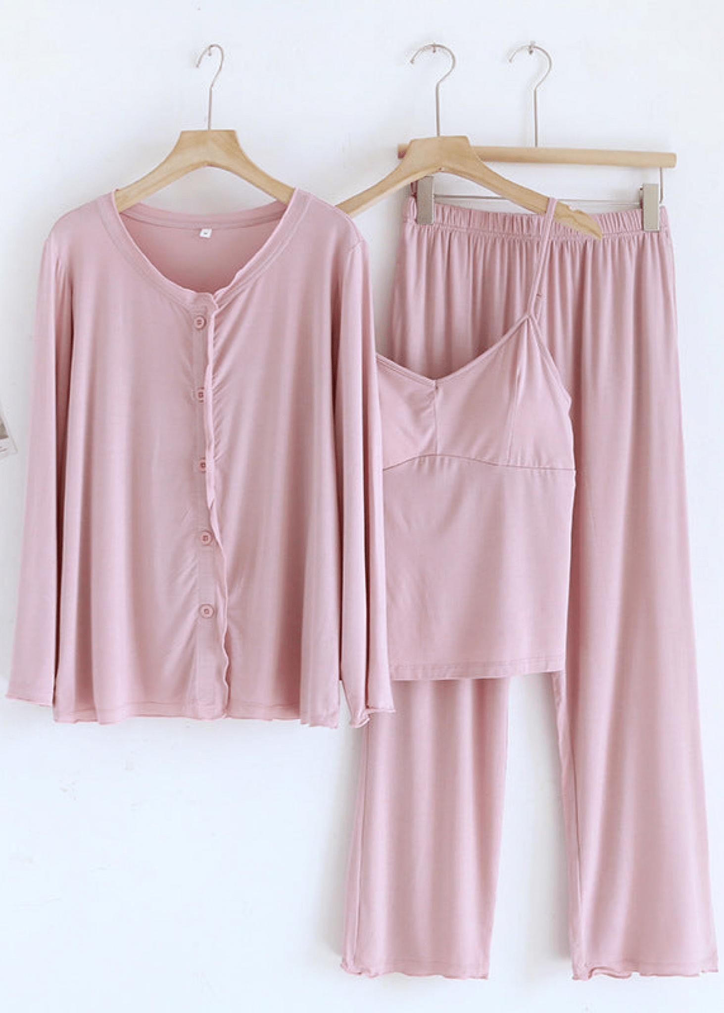 Solid Ruffle V Tank and Long Pants with Cardigan Modal Pajama Set
