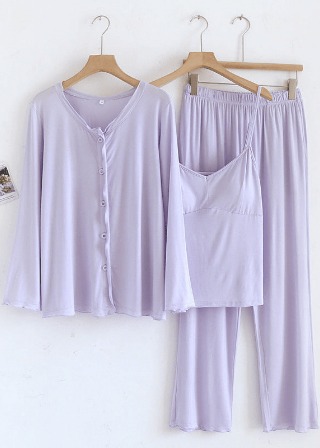 Solid Ruffle V Tank and Long Pants with Cardigan Modal Pajama Set