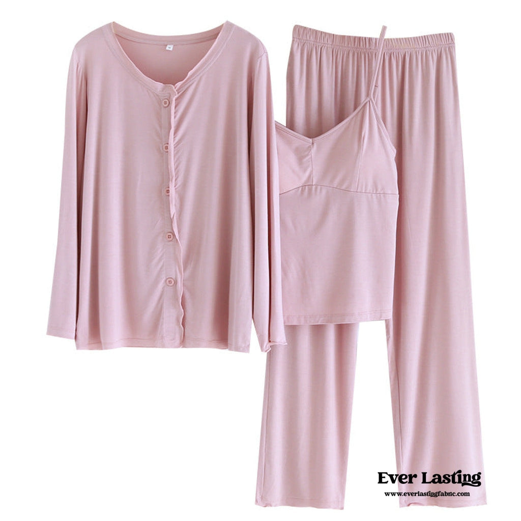 Solid Ruffle V Tank and Long Pants with Cardigan Modal Pajama Set