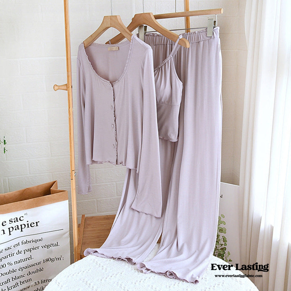 Solid Tank and Long Pants with Cardigan Pajama Set / Purple