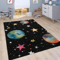 Space Kids Area Rug with colorful Planet Earth and Stars Universe in Black