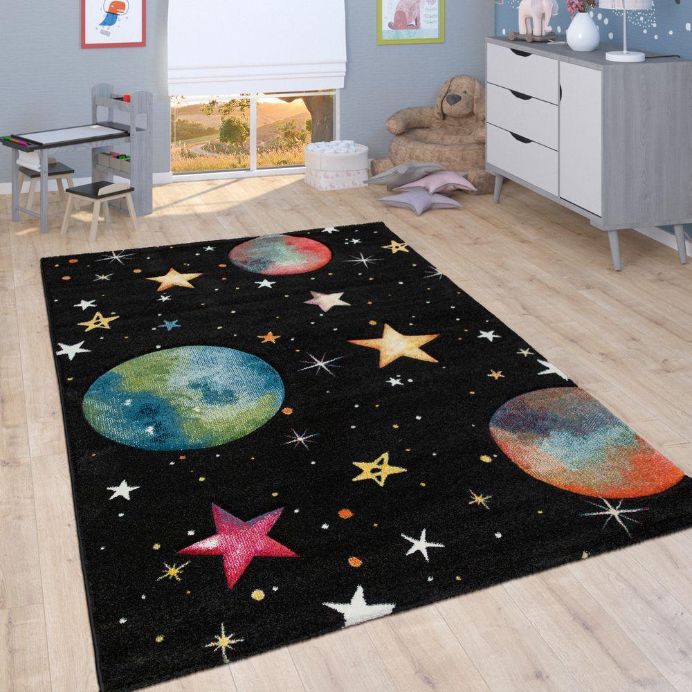 Space Kids Area Rug with colorful Planet Earth and Stars Universe in Black