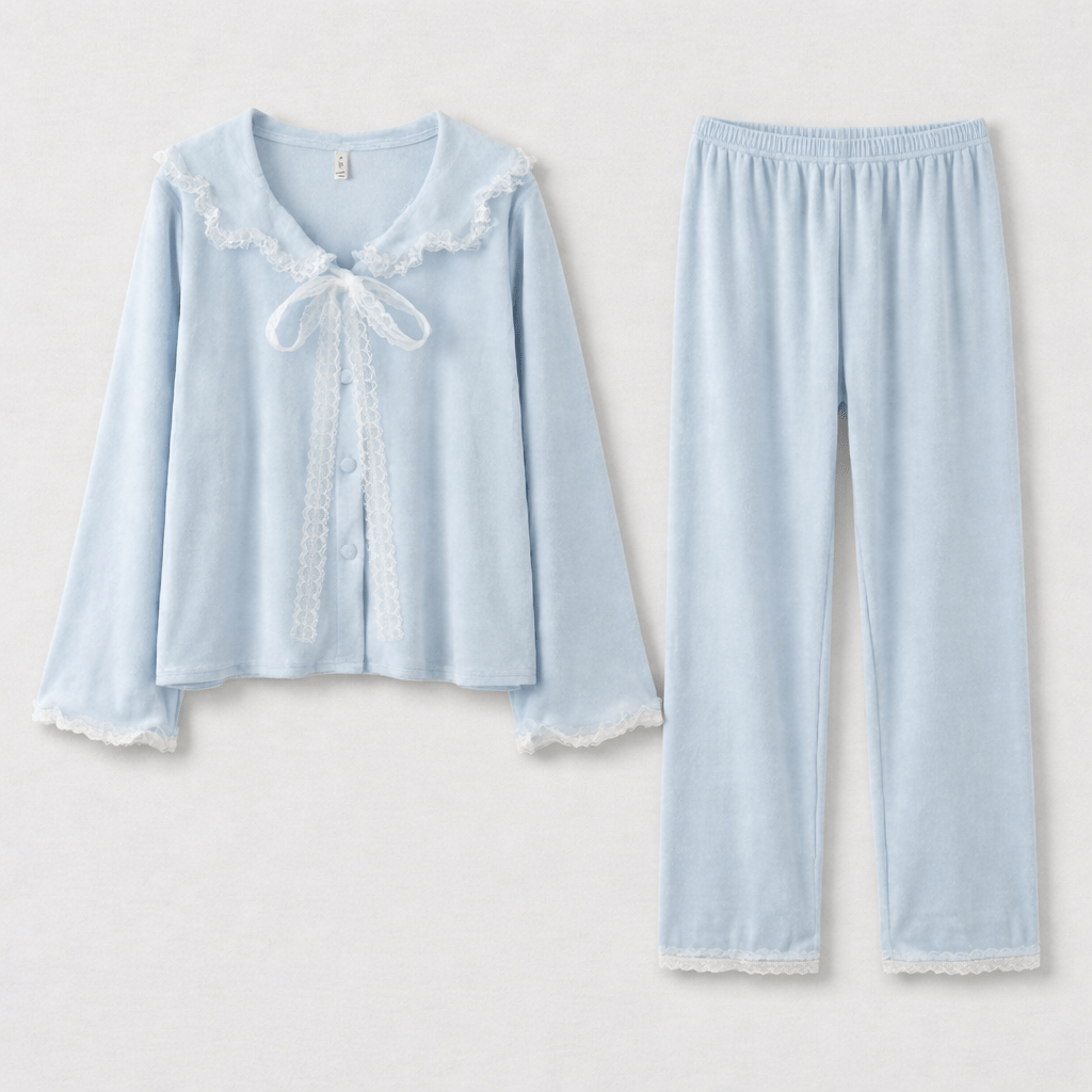 Rosy Velvet Coquette Lace Pajama Set / Blue