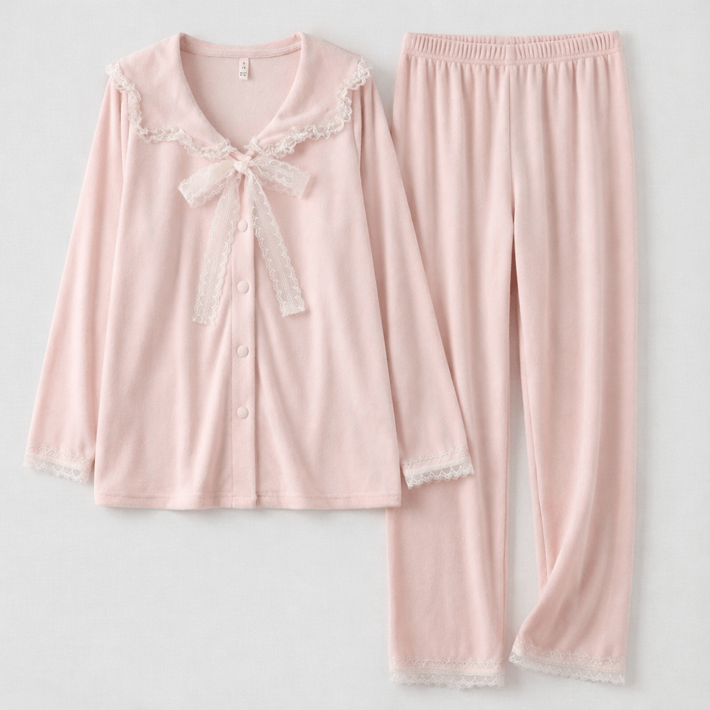 Rosy Velvet Coquette Lace Pajama Set / Blue