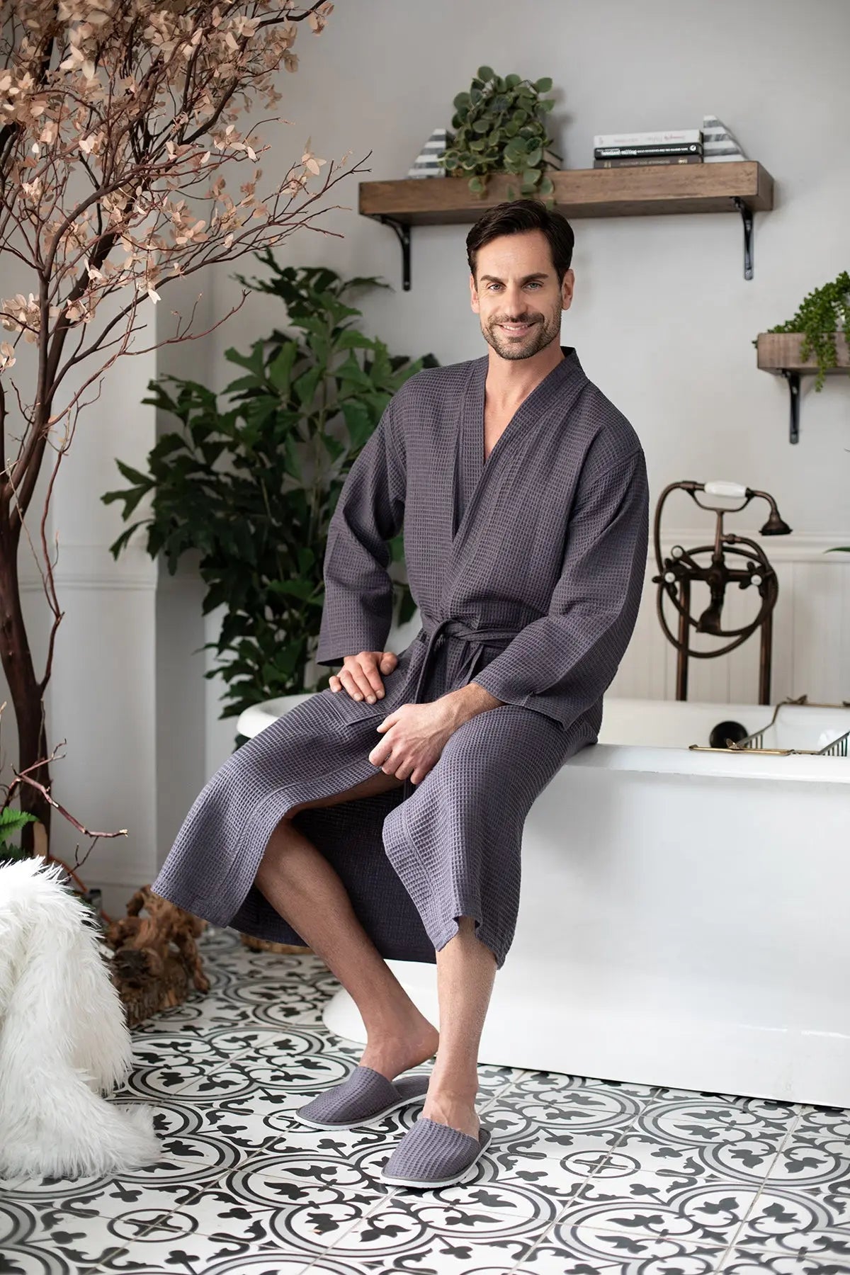 Waffle Spa Bathrobe for Men -  Absorbent, Lightweight