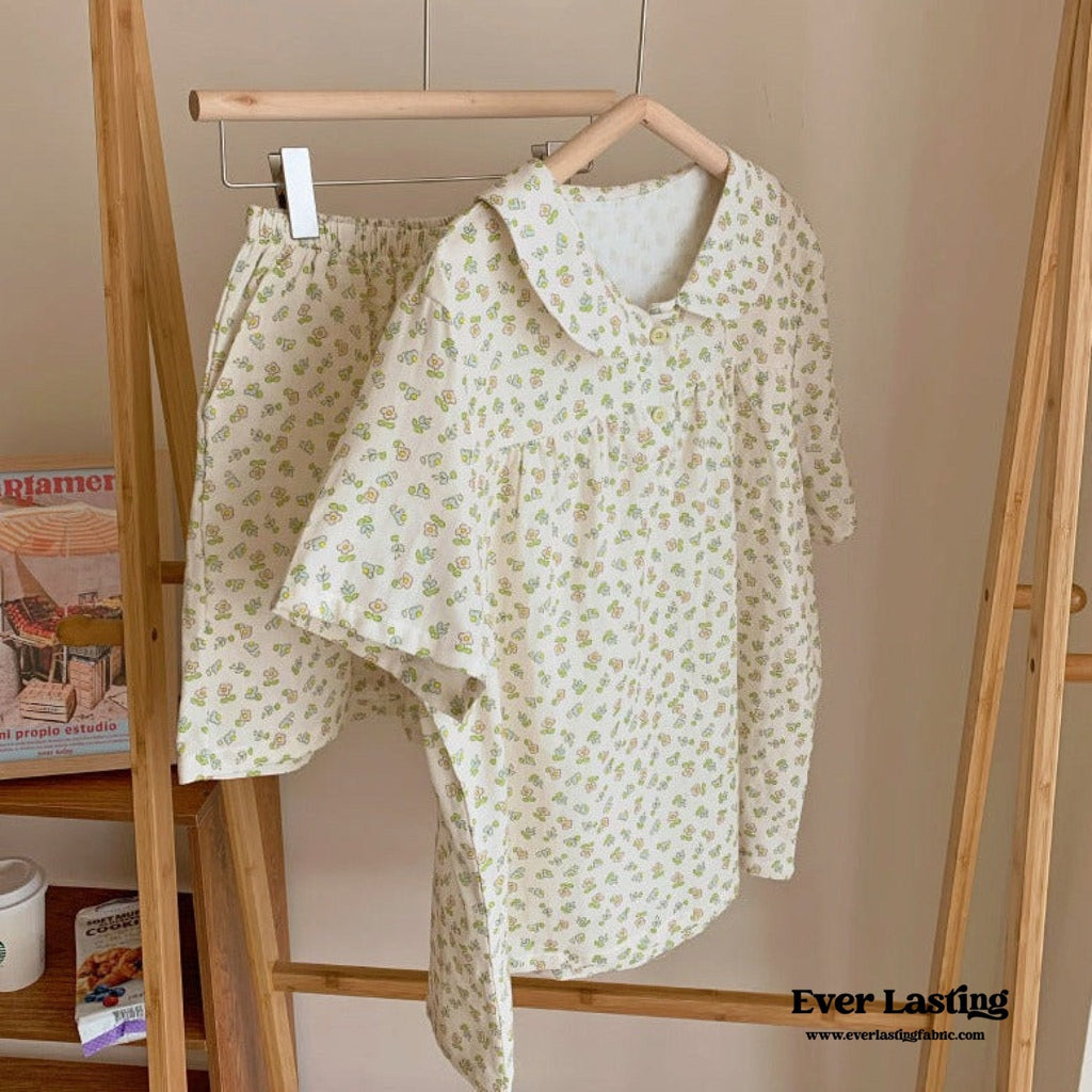 Yellow Floral Short Sleeves Shorts Pajama Set